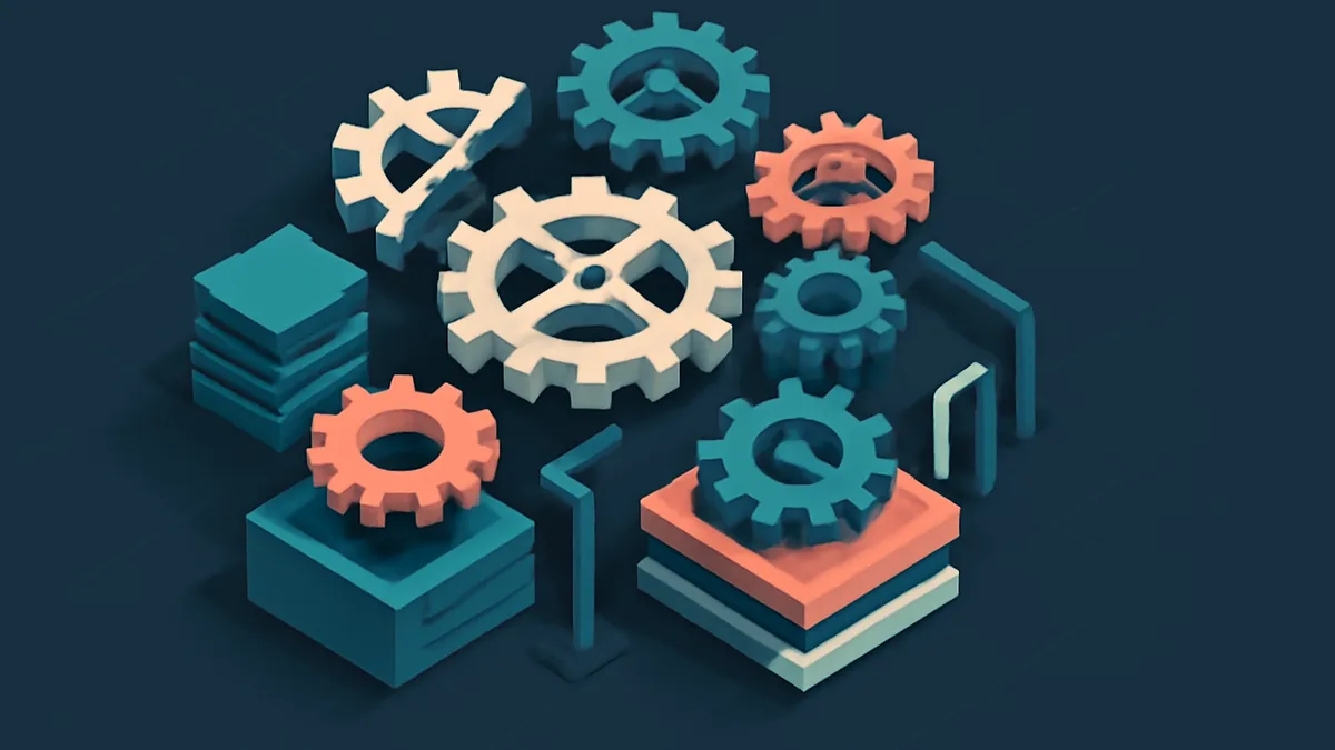 Abstract gears representing diverse CLI development tools with a focused beam, illustrating comparison and selection.